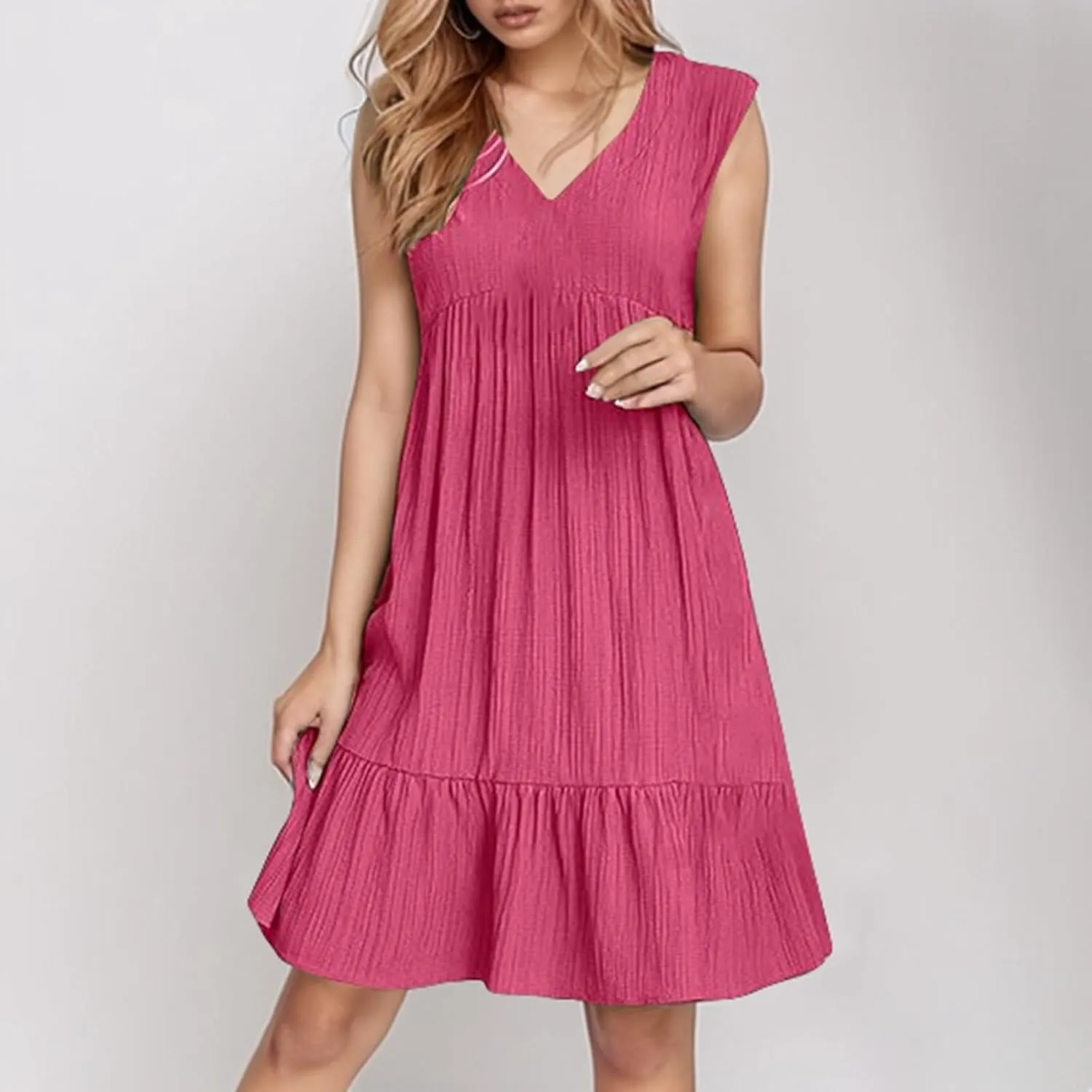 Summer Dresses for Women 2025 Sleeveless V Neck Knee Length Patchwork Pleated Ruffle Flowy Beach Sundresses