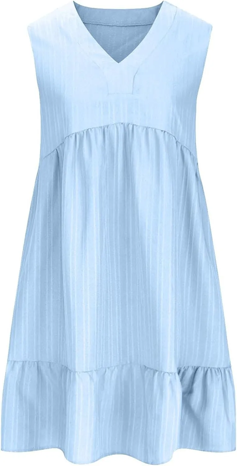 Summer Dresses for Women 2025 Sleeveless V Neck Knee Length Patchwork Pleated Ruffle Flowy Beach Sundresses