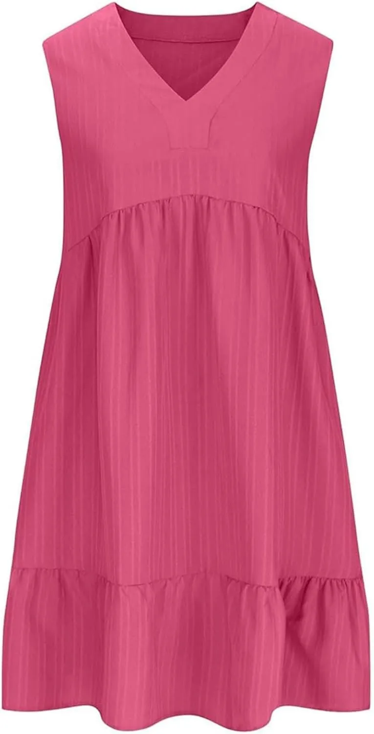 Summer Dresses for Women 2025 Sleeveless V Neck Knee Length Patchwork Pleated Ruffle Flowy Beach Sundresses