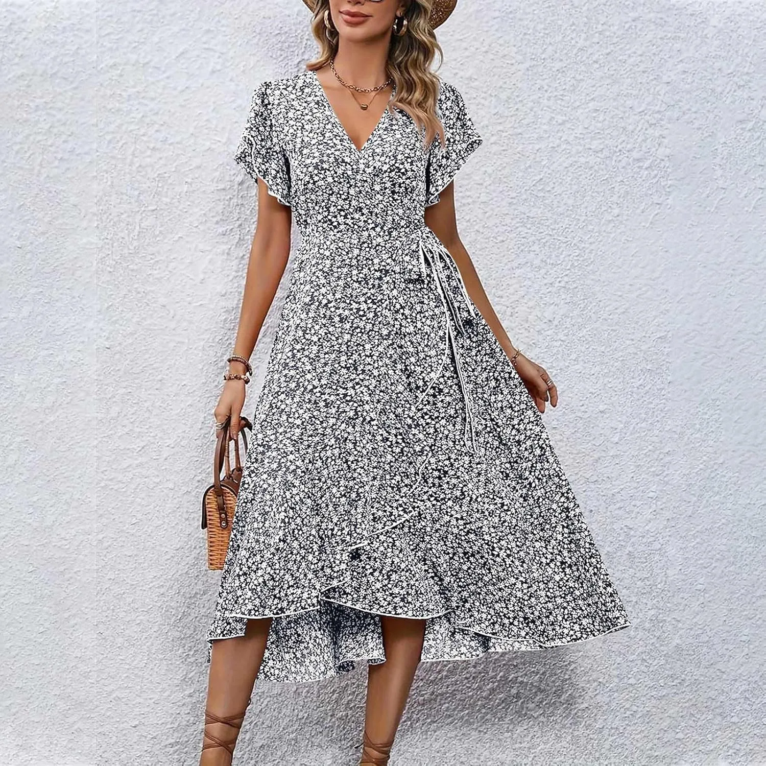 Summer Floral Dresses for Women 2025 Midi Wrap Dress Tie Waist Ruffle Hem V Neck Flutter Short Sleeve Beach Dresses