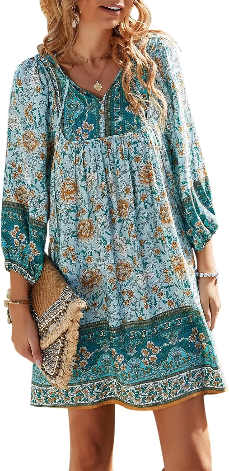 TEMOFON Women's Boho Mini Dress: Summer Floral 3/4 Long Sleeve V Neck Flowy Loose Casual Beach Dresses