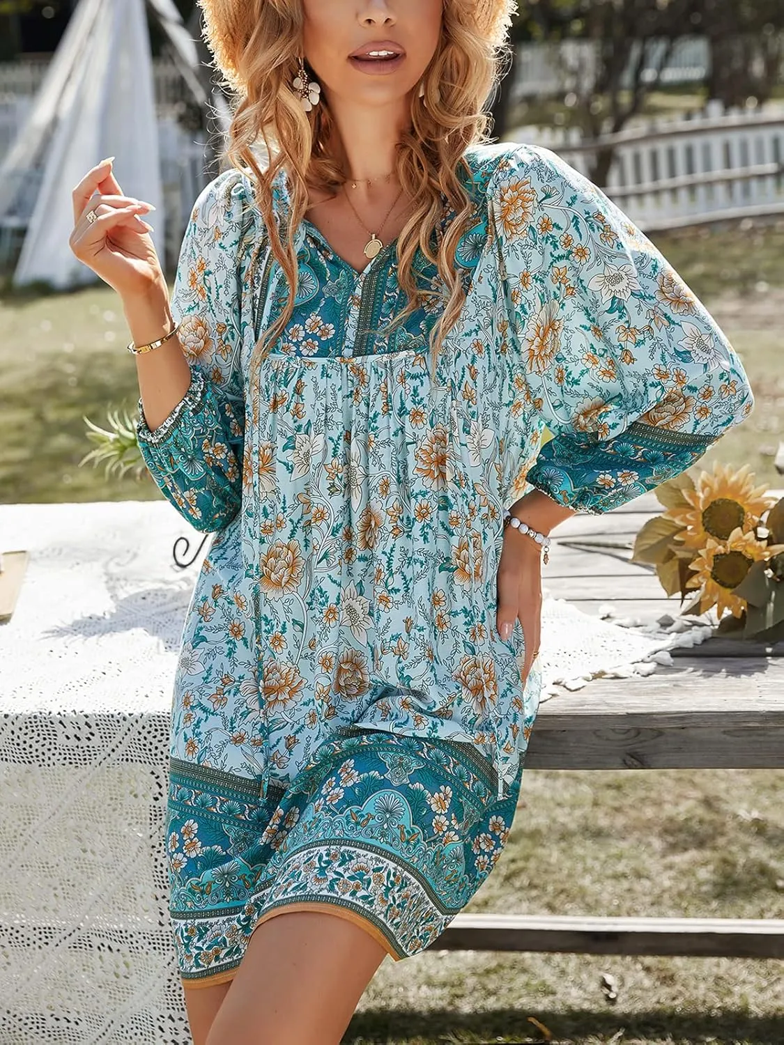 TEMOFON Women's Boho Mini Dress: Summer Floral 3/4 Long Sleeve V Neck Flowy Loose Casual Beach Dresses