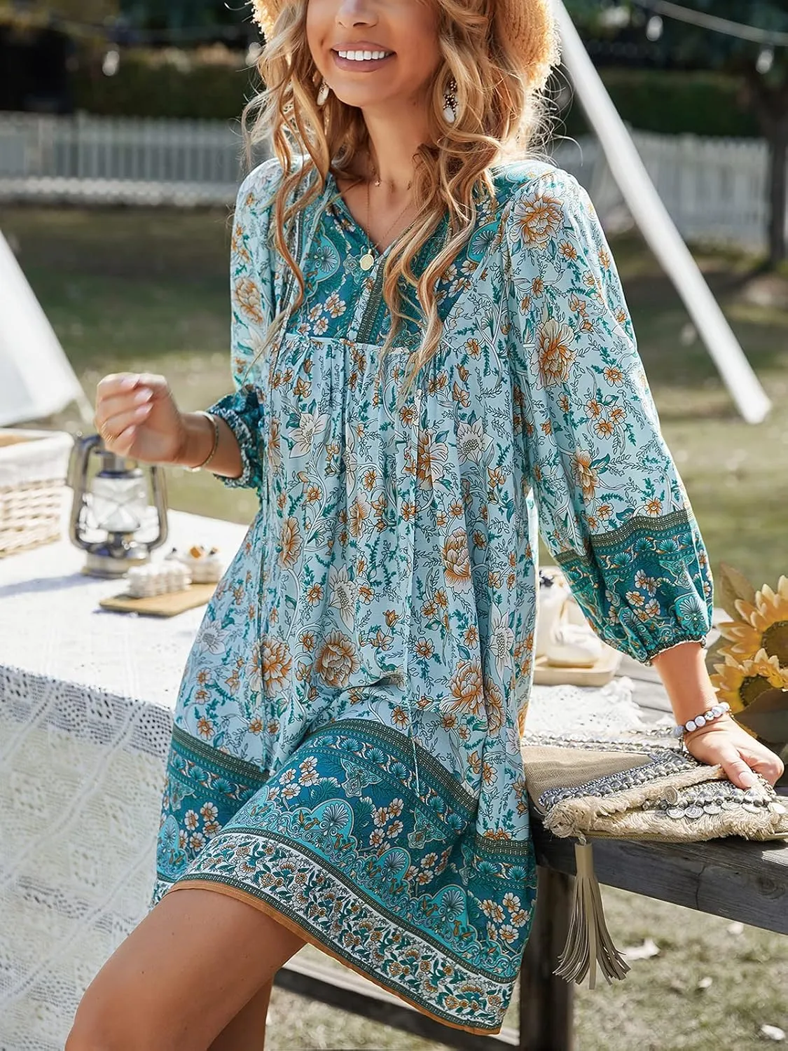 TEMOFON Women's Boho Mini Dress: Summer Floral 3/4 Long Sleeve V Neck Flowy Loose Casual Beach Dresses