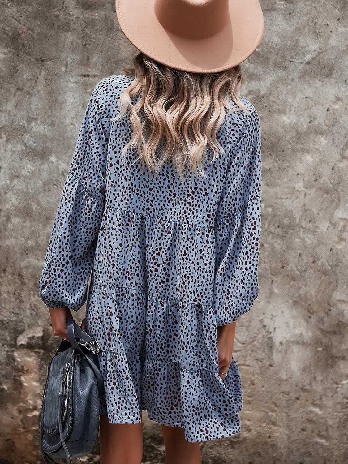 TEMOFON Womens Long Sleeve Dress: Leopard Printed Tunic Casual Loose V Neck Fall Flowy Mini Dresses S-XL