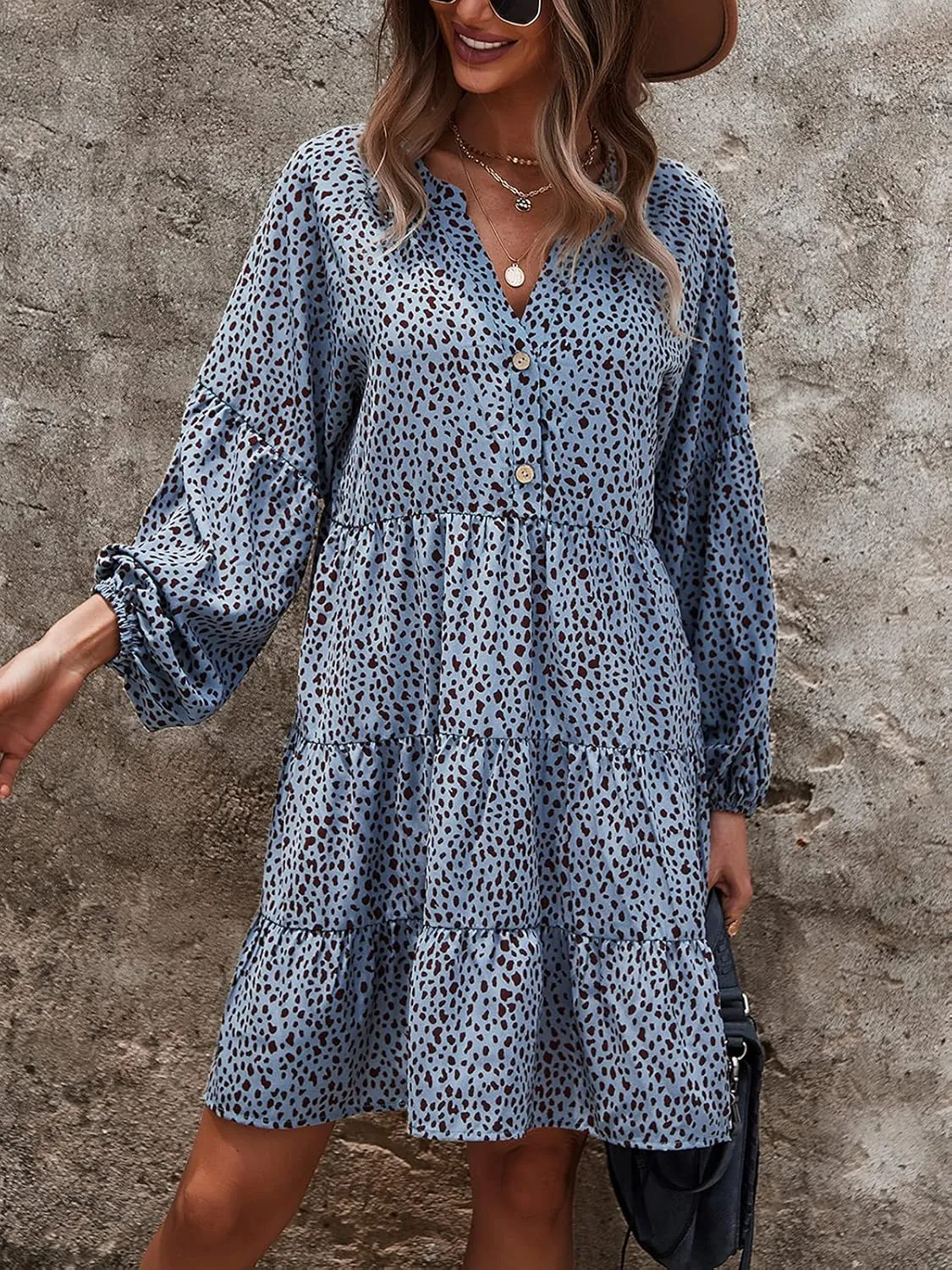 TEMOFON Womens Long Sleeve Dress: Leopard Printed Tunic Casual Loose V Neck Fall Flowy Mini Dresses S-XL