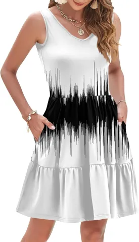 Tiered Dress Women Short V Neck Cute Summer Dresses Beach Vacation Mini Tank Dress with Pockets Womens Sundress