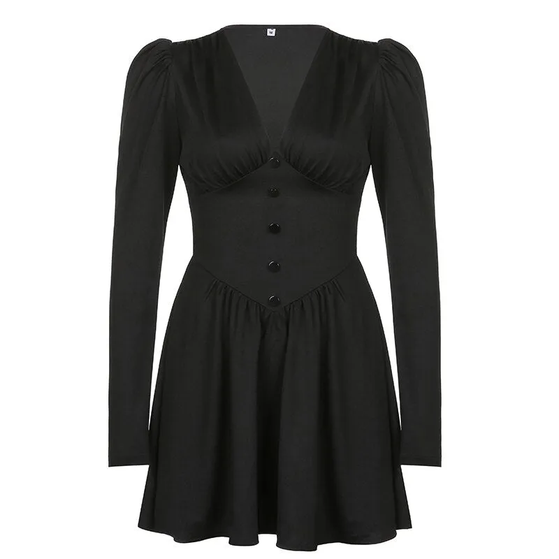 V-Neck Long Sleeve Pleated Party Dress