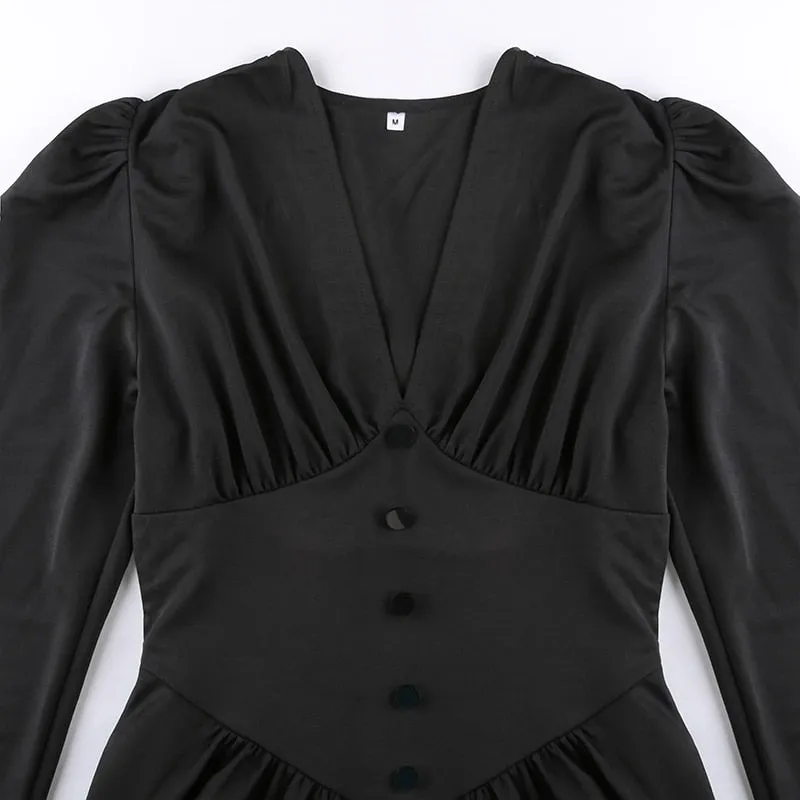 V-Neck Long Sleeve Pleated Party Dress