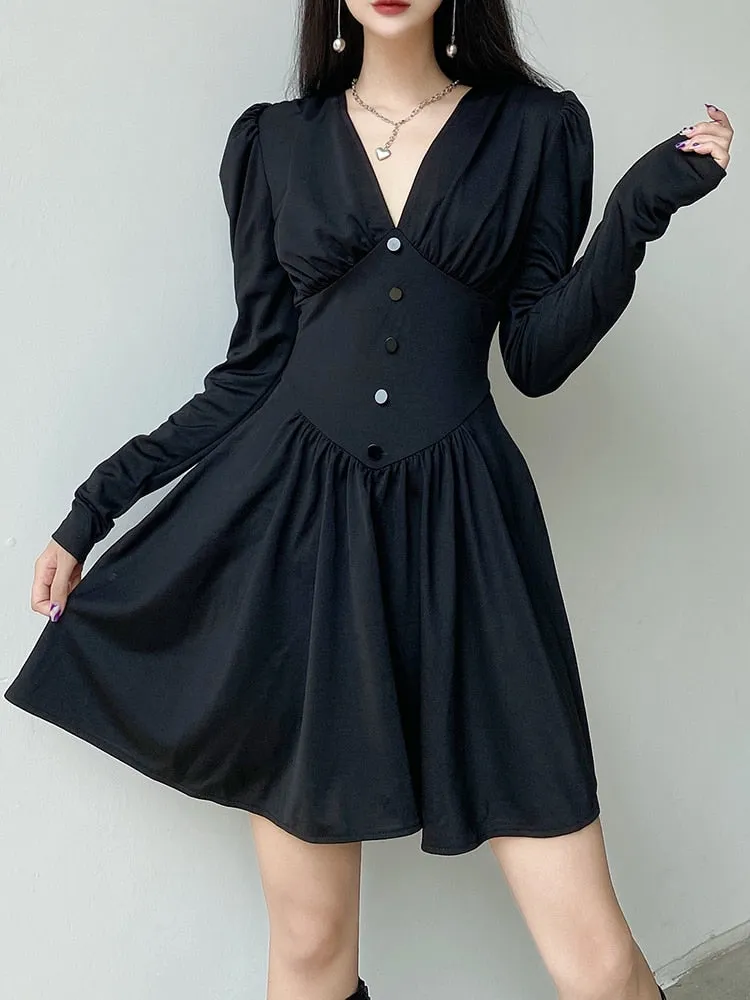 V-Neck Long Sleeve Pleated Party Dress
