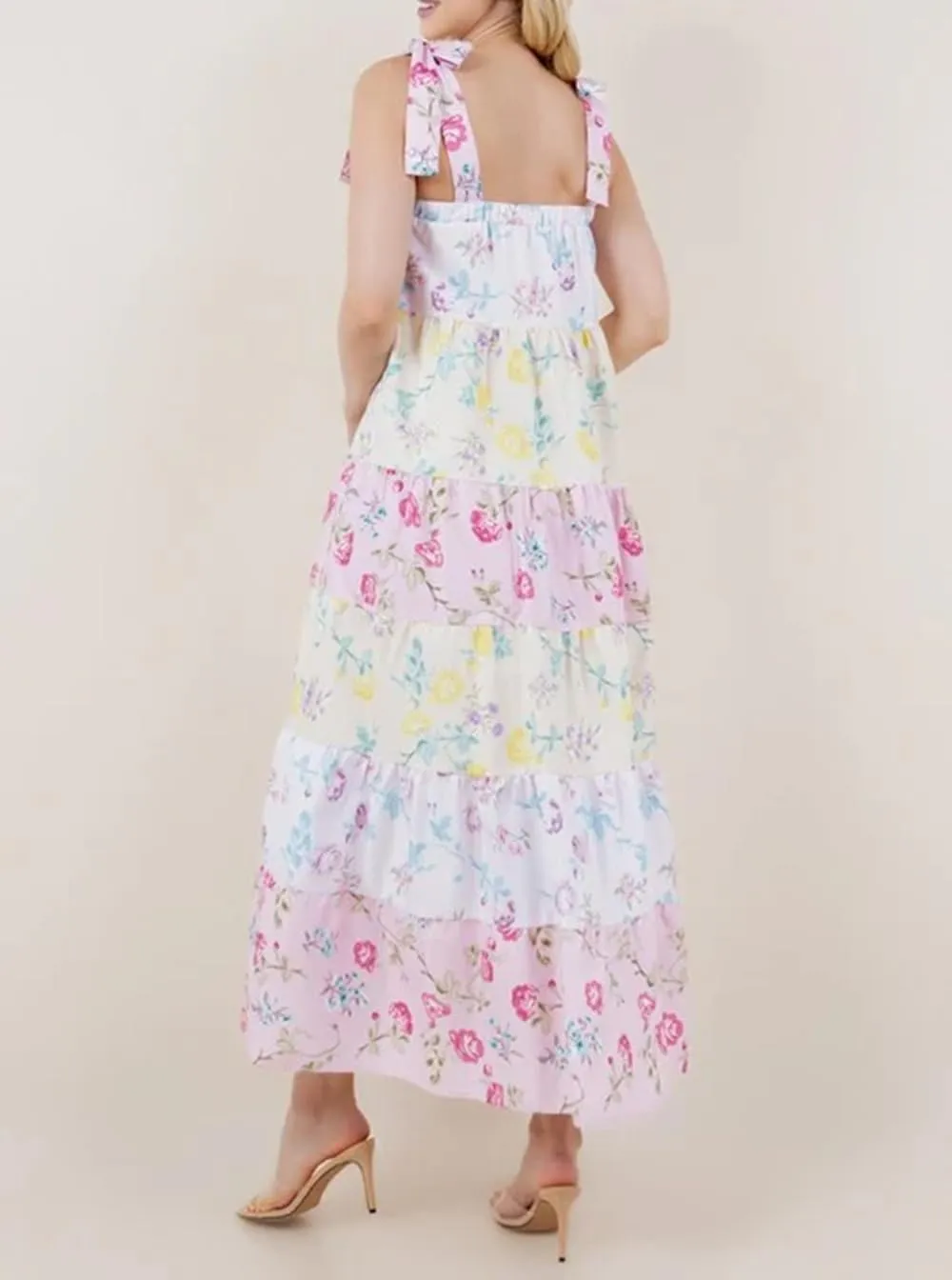 Women Bow Tie Shoulder Boho Flowy Long Dress Sleeveless Floral Tiered Cami Dress Graffiti Going Out Vocation Sundress