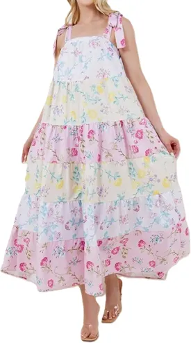 Women Bow Tie Shoulder Boho Flowy Long Dress Sleeveless Floral Tiered Cami Dress Graffiti Going Out Vocation Sundress