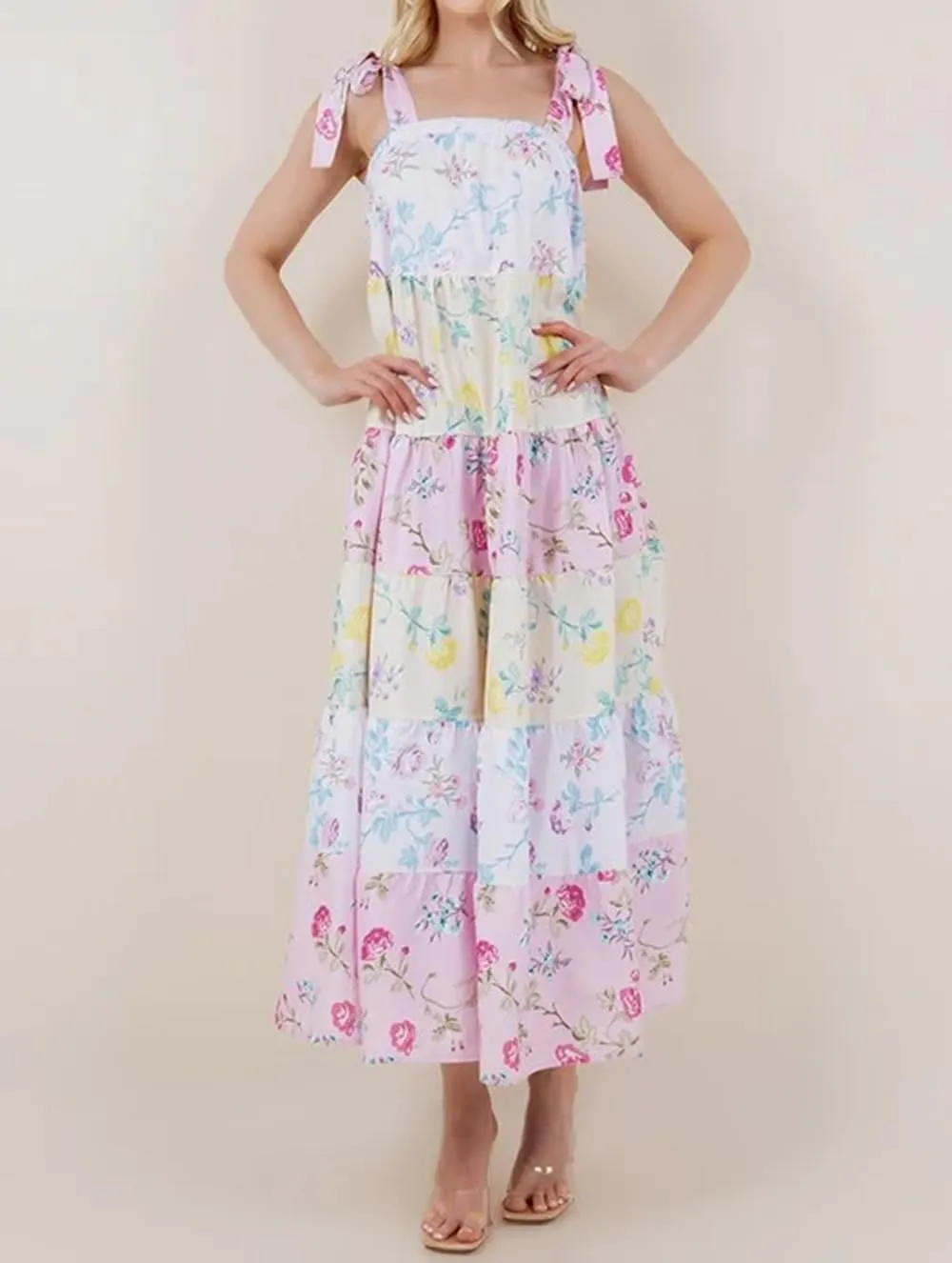 Women Bow Tie Shoulder Boho Flowy Long Dress Sleeveless Floral Tiered Cami Dress Graffiti Going Out Vocation Sundress