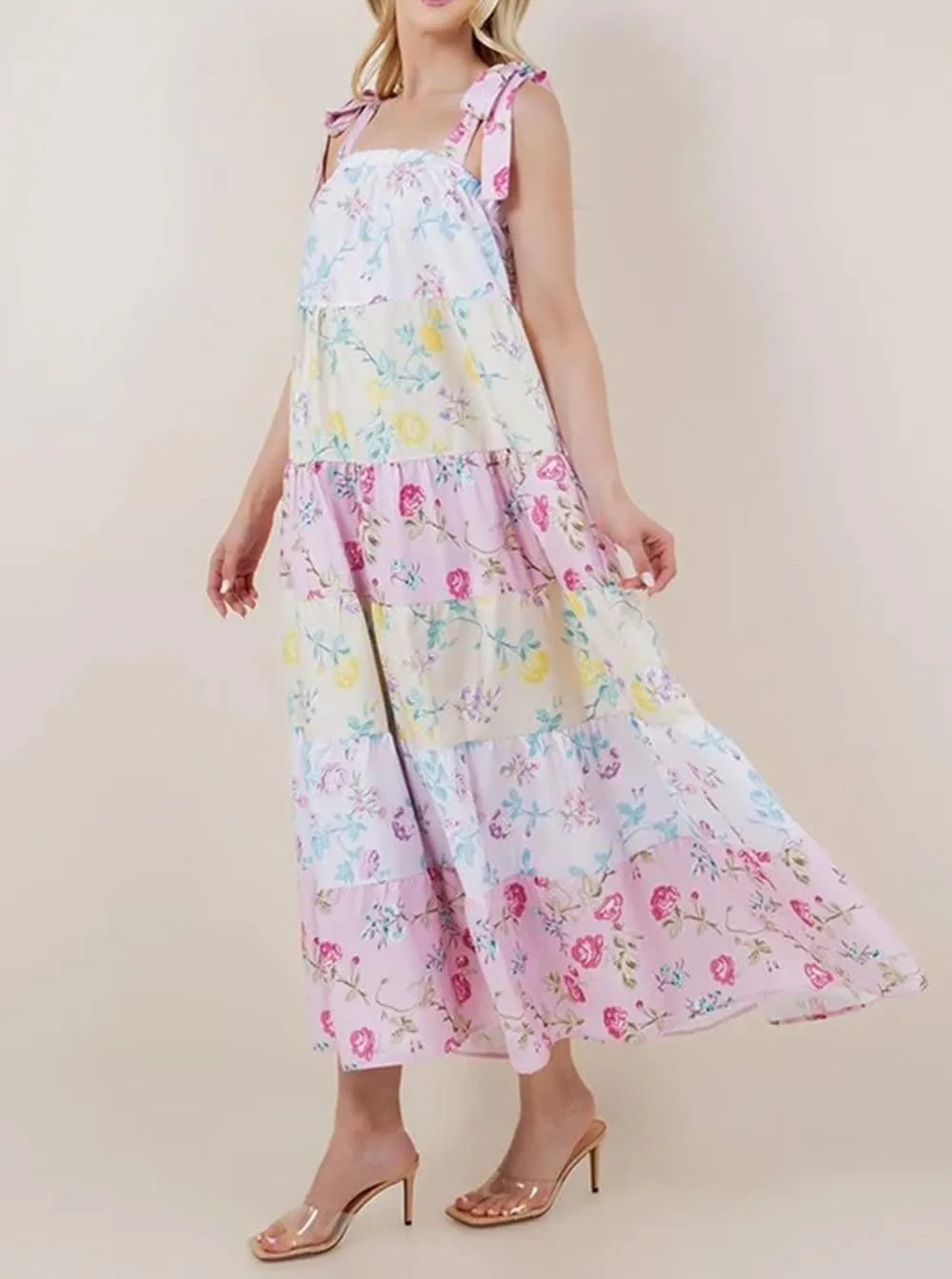Women Bow Tie Shoulder Boho Flowy Long Dress Sleeveless Floral Tiered Cami Dress Graffiti Going Out Vocation Sundress