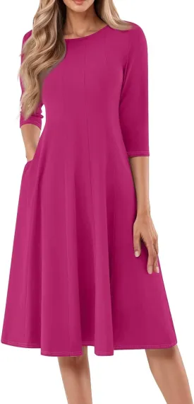 Women Dresses Formal for Church Summer Spring Solid Flowy Vintage 3/4 Sleeve Midi Casual Swing