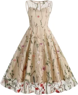 Women Keyhole Floral Embroidery Dress Sheer Mesh Illusion Vintage Cocktail Swing Dress Wedding Party Prom Tulle Evening Dress