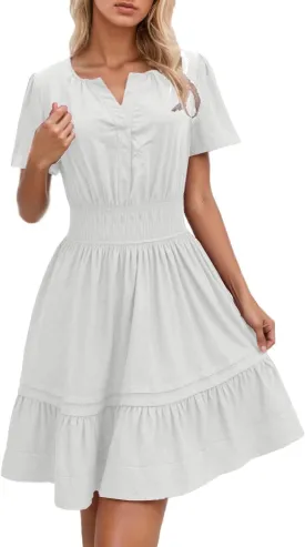 Women Summer Mini Short Dress Wrap V Neck Short Flared Sleeve Wedding Guest Dress Beach Vacation Tropical Sundress