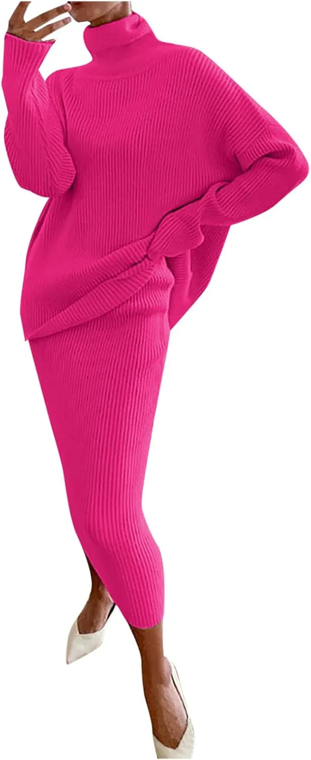Women's 2 Piece Outfits Ribbed Knit Long Sleeve Oversized Turtleneck Sweater Top and Bodycon Midi Skirt Dress Set