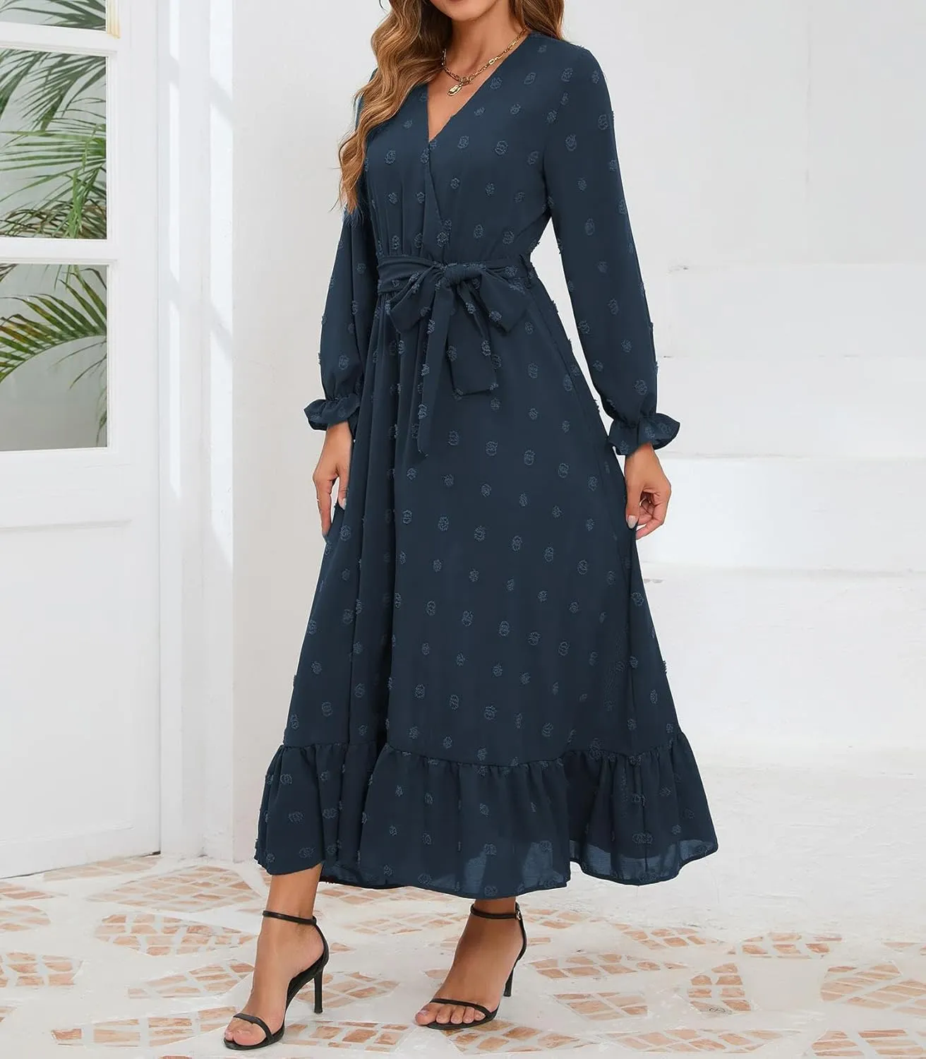 Women's Casual Dress Long Sleeve Swiss Dot Long Flowy A Line Boho Dresses with Belt