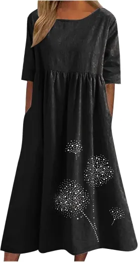 Women's Cotton Linen Midi Dress Summer Short Sleeve Dresses Elegant Casual A-Line Solid Tshirt Sundress with Pockets