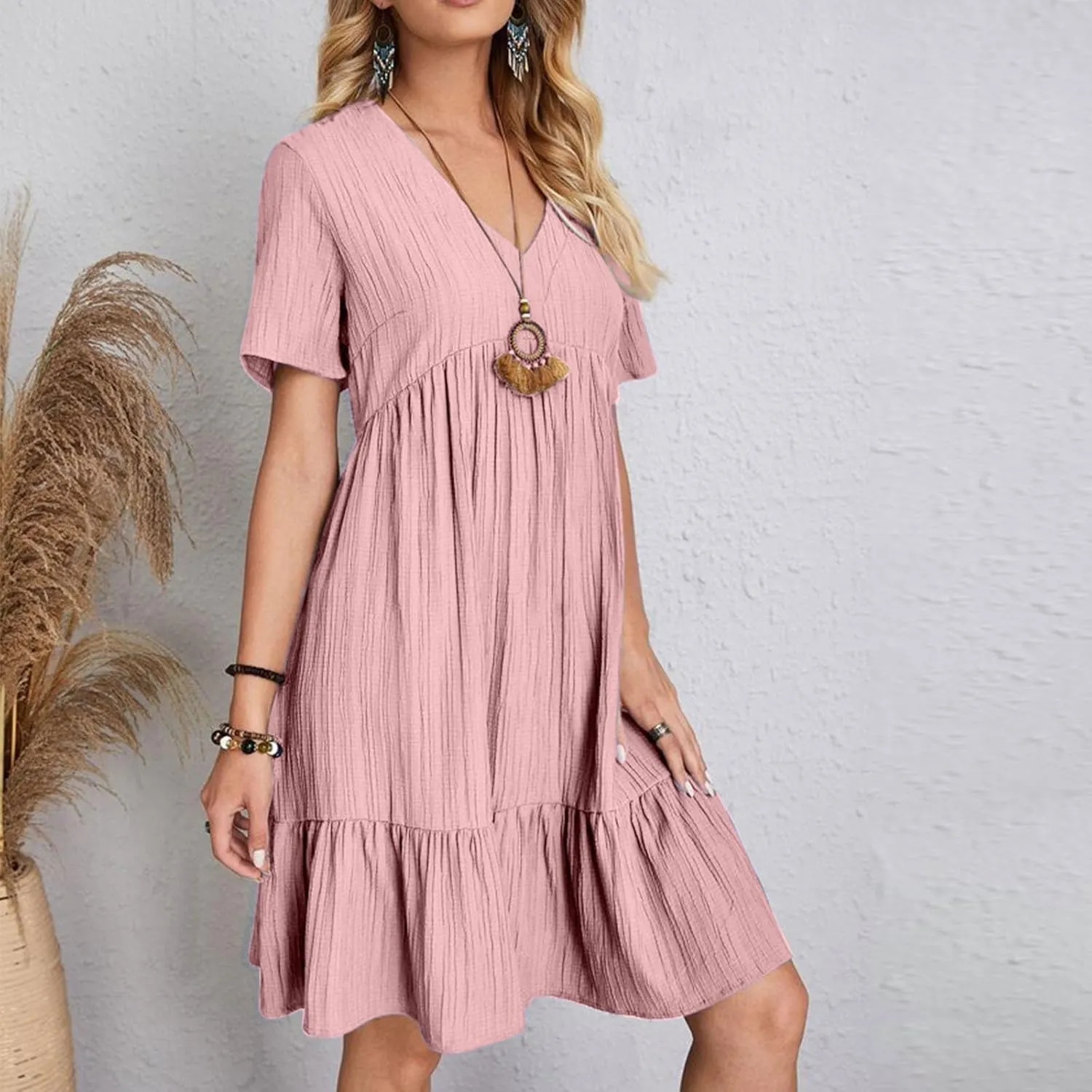 Womens Dresses Summer Plus Size Short Sleeve V Neck Casual Flowy Tshirt Dress Beach Travel Vacation Mini Sundress