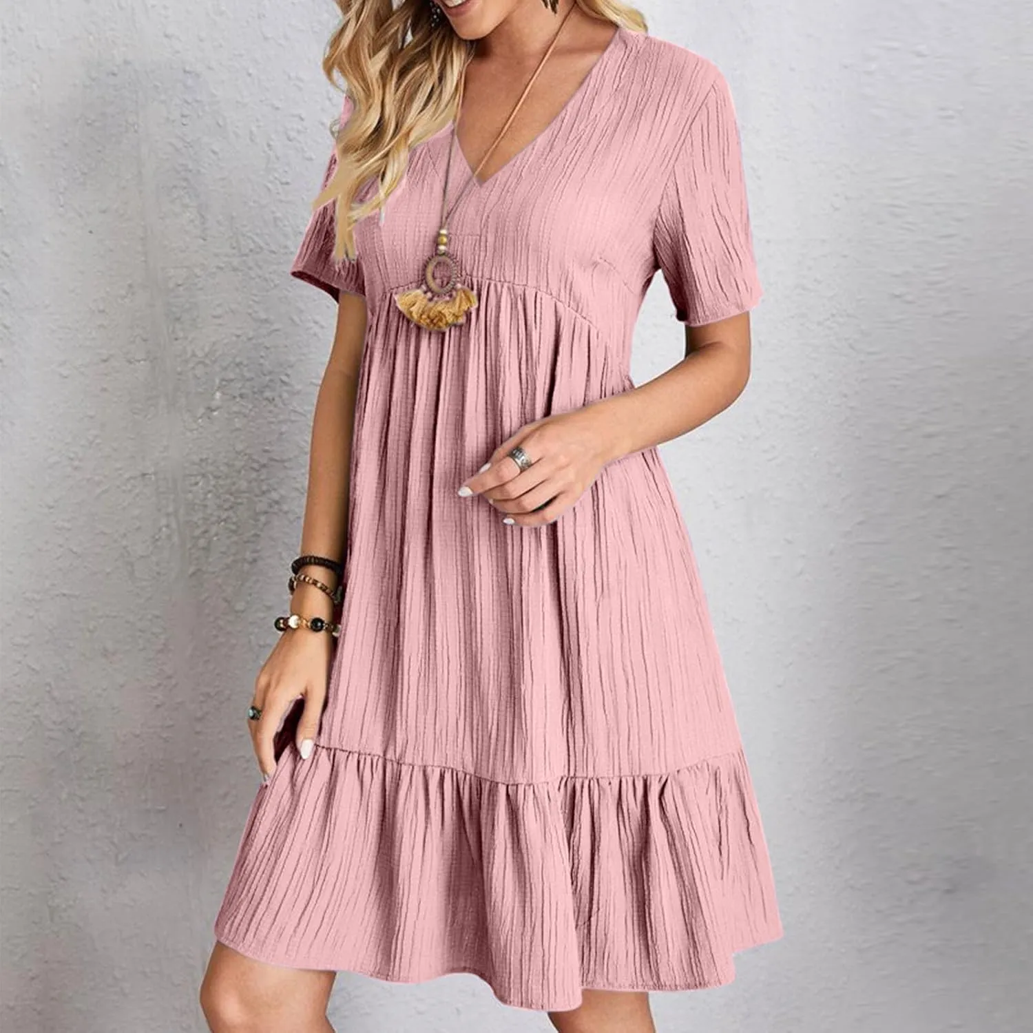 Womens Dresses Summer Plus Size Short Sleeve V Neck Casual Flowy Tshirt Dress Beach Travel Vacation Mini Sundress