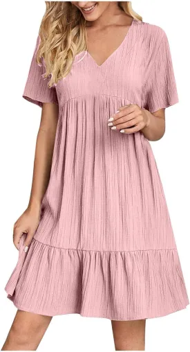 Womens Dresses Summer Plus Size Short Sleeve V Neck Casual Flowy Tshirt Dress Beach Travel Vacation Mini Sundress