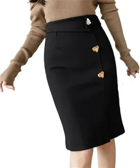 Women's mid-Length Office Loose Button high Waist Slim Pencil Skirt
