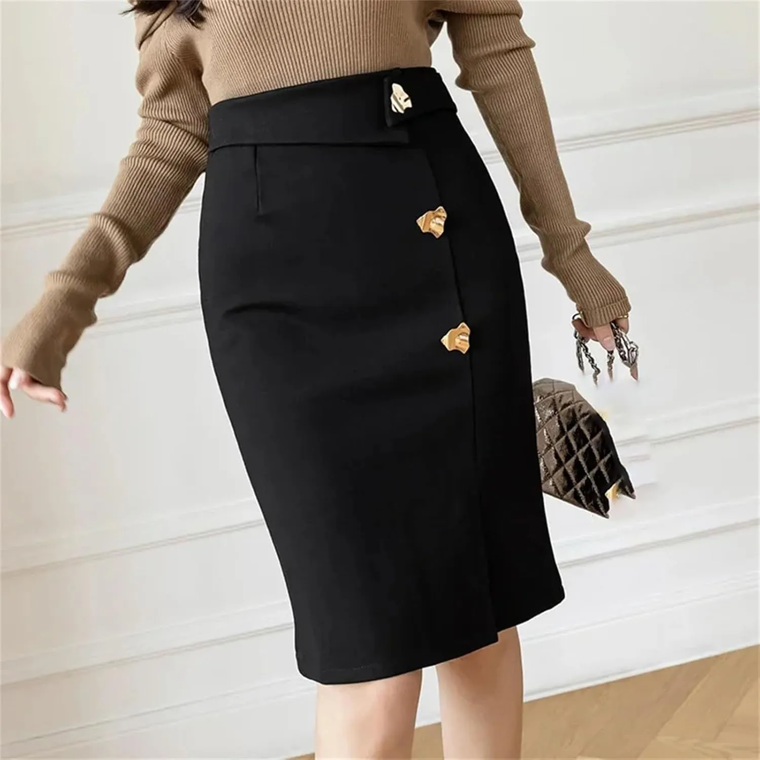 Women's mid-Length Office Loose Button high Waist Slim Pencil Skirt
