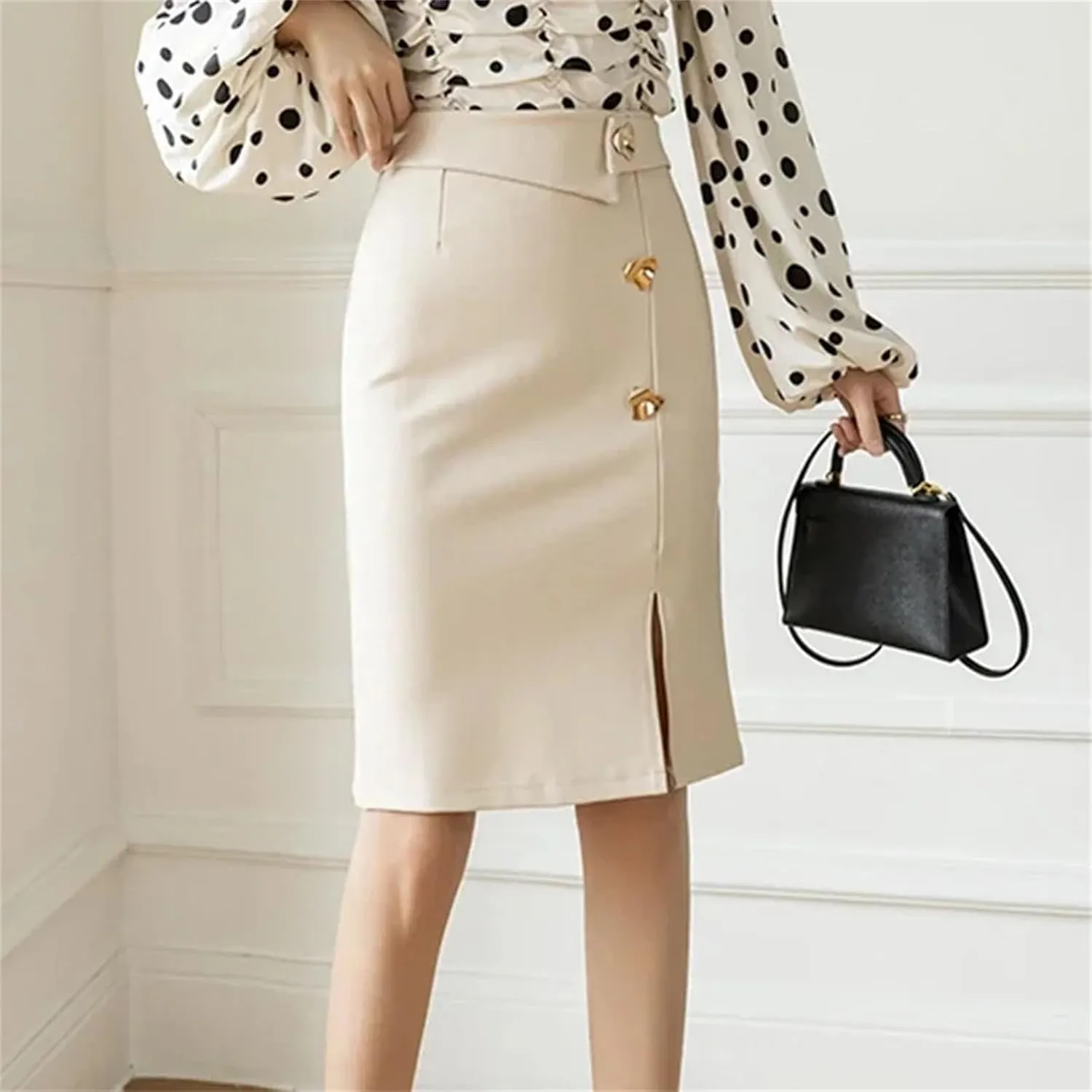 Women's mid-Length Office Loose Button high Waist Slim Pencil Skirt