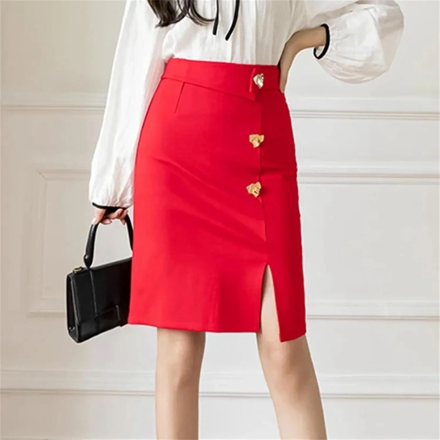 Women's mid-Length Office Loose Button high Waist Slim Pencil Skirt