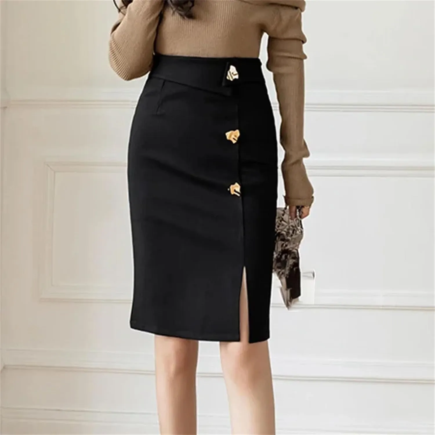 Women's mid-Length Office Loose Button high Waist Slim Pencil Skirt