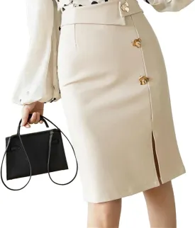 Women's mid-Length Office Loose Button high Waist Slim Pencil Skirt