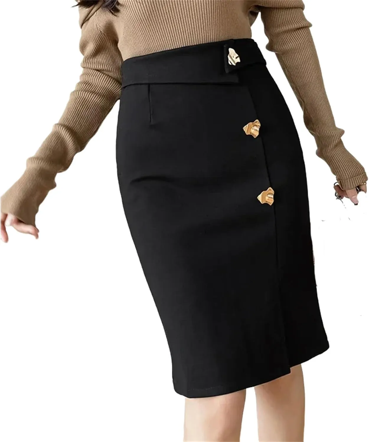 Women's mid-Length Office Loose Button high Waist Slim Pencil Skirt