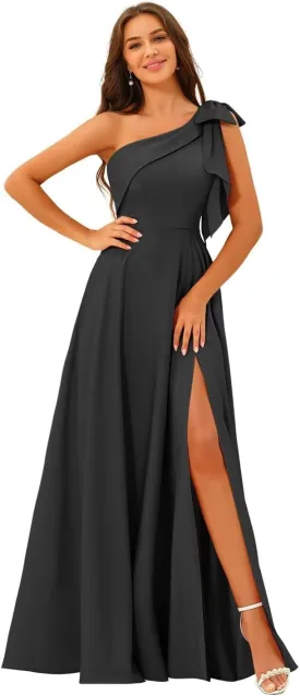 Women's One Shoulder Bridesmaid Dresses with Bow Long Prom Dress with Slit Satin Formal Dresses RA026