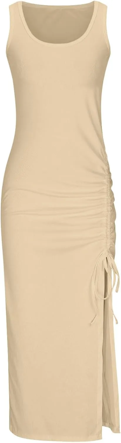 Womens Sexy Side Slit Draw/String Ruched Bodycon Casual Sun Maxi Dresses Sleeveless Ribbed Knit Tank Dress