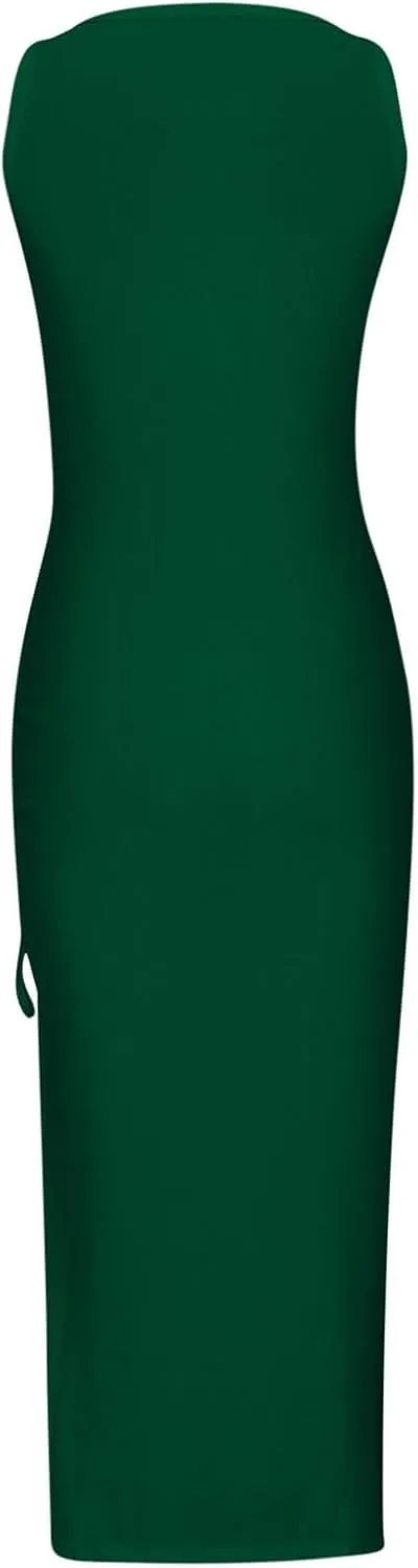 Womens Sexy Side Slit Draw/String Ruched Bodycon Casual Sun Maxi Dresses Sleeveless Ribbed Knit Tank Dress