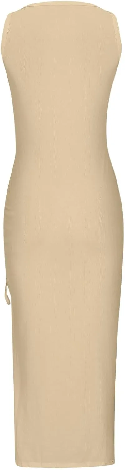 Womens Sexy Side Slit Draw/String Ruched Bodycon Casual Sun Maxi Dresses Sleeveless Ribbed Knit Tank Dress