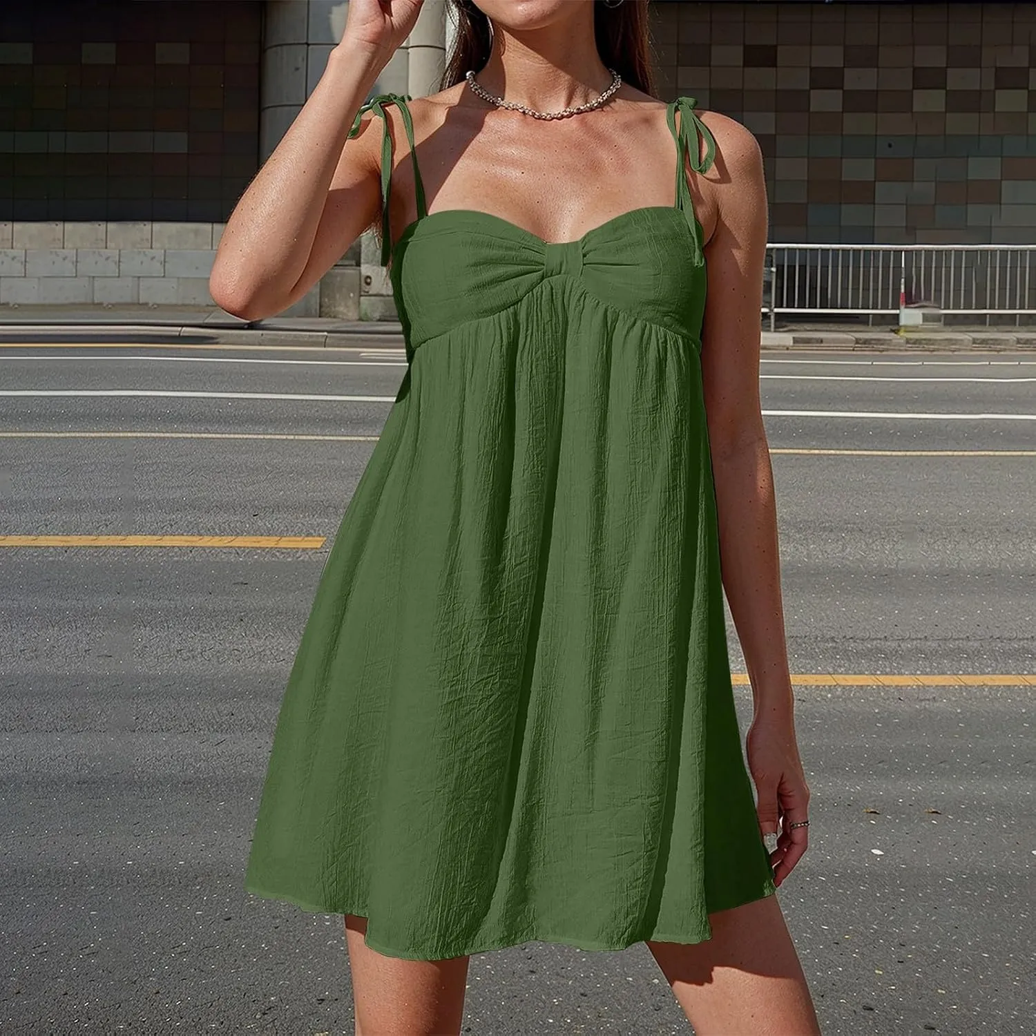 Women's Summer Dresses Trendy Backless Tie Shoulder Cami Dress Sexy Sweetheart Neckline Flowy Babydoll Mini Dress