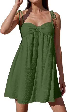Women's Summer Dresses Trendy Backless Tie Shoulder Cami Dress Sexy Sweetheart Neckline Flowy Babydoll Mini Dress