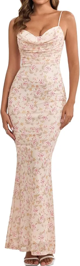 Women's Summer Floral Bodycon Maxi Dress Spaghetti Strap Sleeveless Backless Mesh Long Formal Wedding Guest Dresses