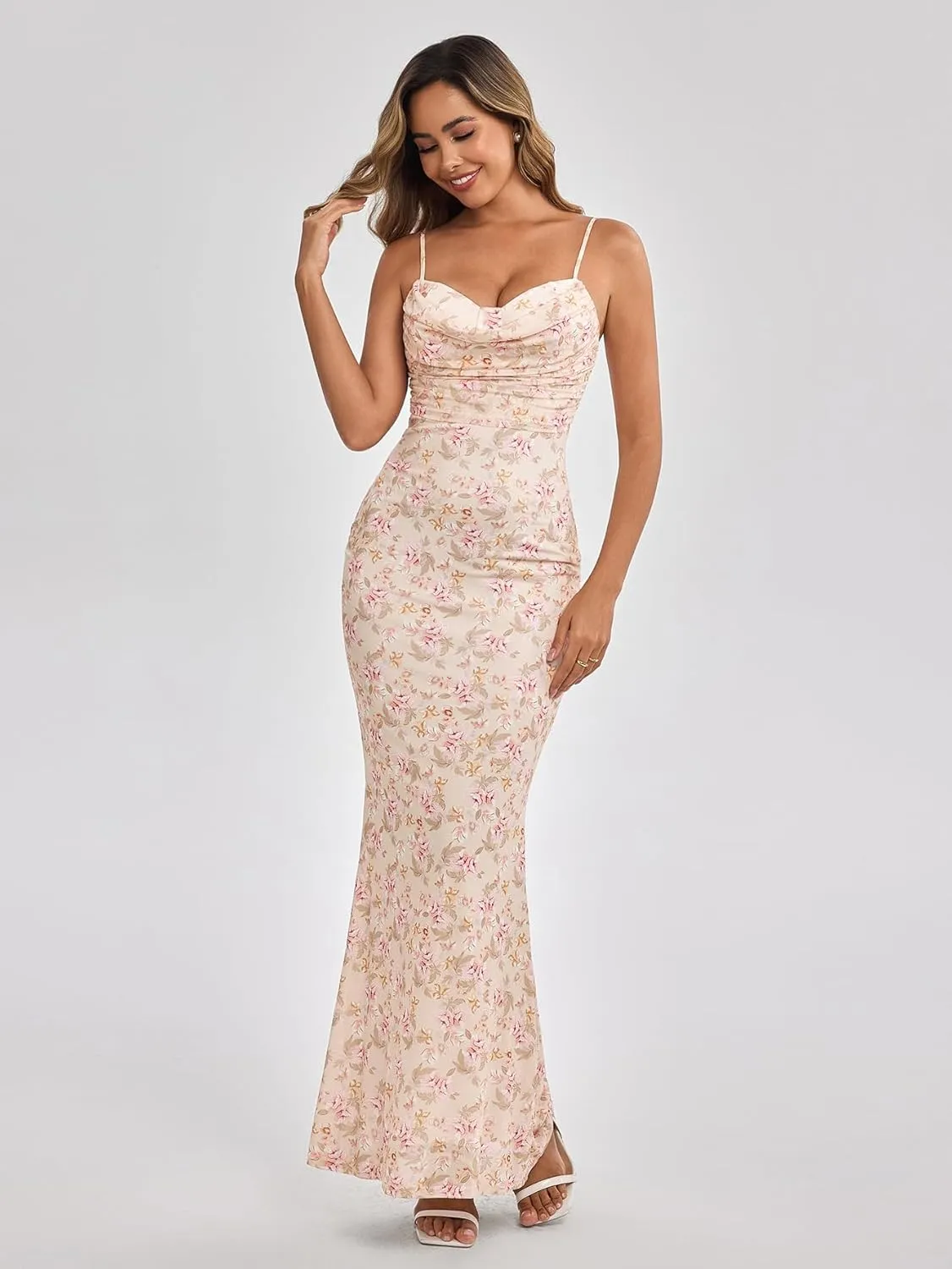 Women's Summer Floral Bodycon Maxi Dress Spaghetti Strap Sleeveless Backless Mesh Long Formal Wedding Guest Dresses
