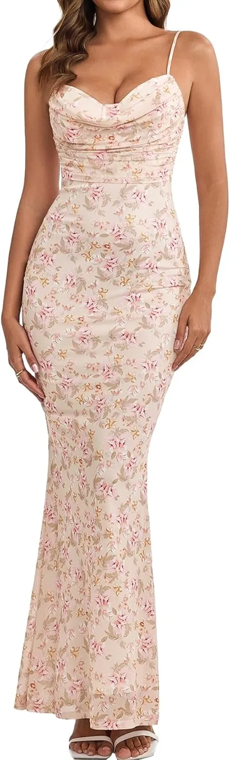 Women's Summer Floral Bodycon Maxi Dress Spaghetti Strap Sleeveless Backless Mesh Long Formal Wedding Guest Dresses