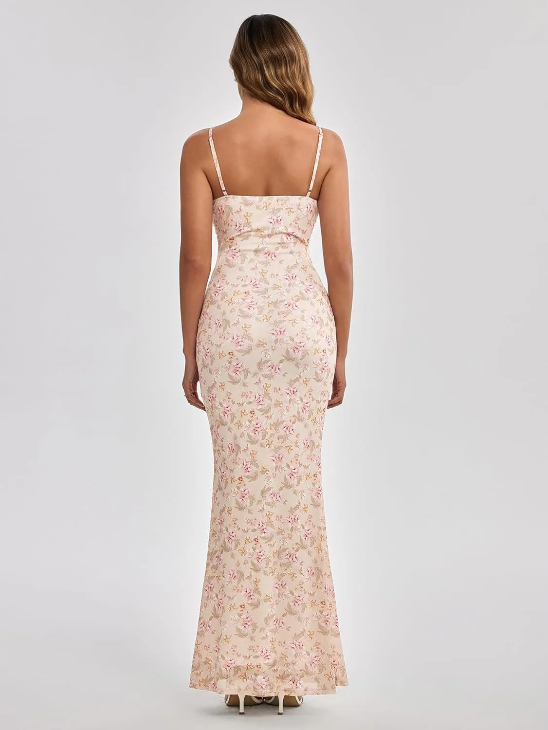 Women's Summer Floral Bodycon Maxi Dress Spaghetti Strap Sleeveless Backless Mesh Long Formal Wedding Guest Dresses