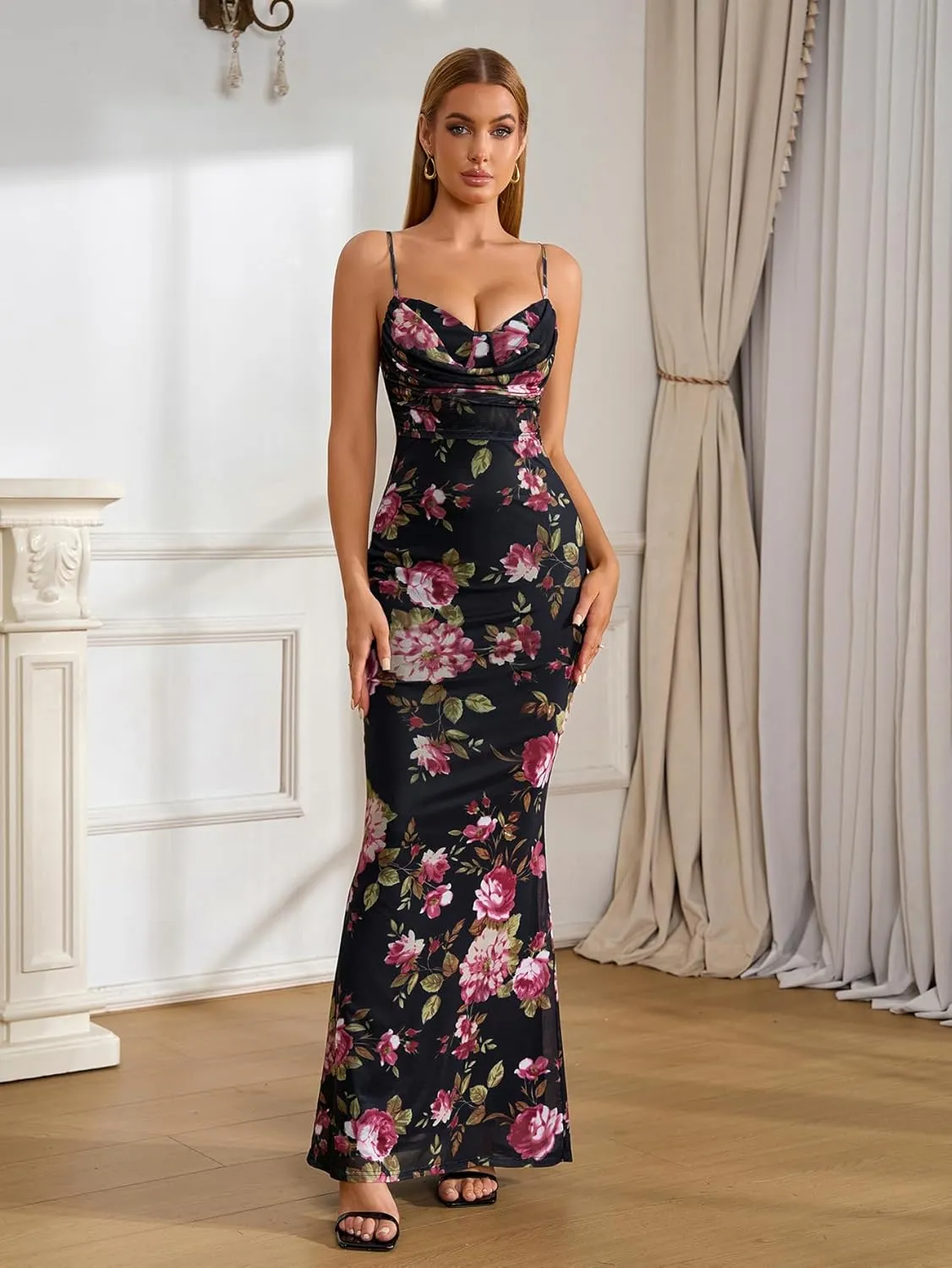 Women's Summer Floral Bodycon Maxi Dress Spaghetti Strap Sleeveless Backless Mesh Long Formal Wedding Guest Dresses