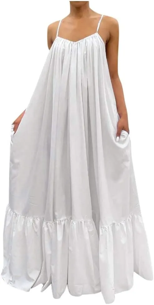 Women's Summer Floral Maxi Dress Sleeveless Smocked Ruffle Long Flowy Beach Vacation Boho Sundresses