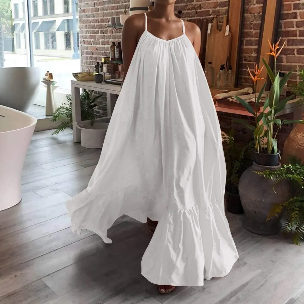 Women's Summer Floral Maxi Dress Sleeveless Smocked Ruffle Long Flowy Beach Vacation Boho Sundresses