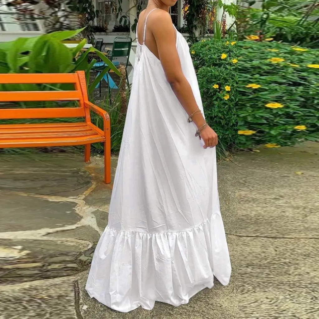 Women's Summer Floral Maxi Dress Sleeveless Smocked Ruffle Long Flowy Beach Vacation Boho Sundresses