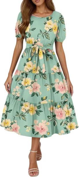 Womens Summer Floral Midi Dresses with Pockets Short Sleeve Crew Neck Waistband Boho Layered Ruffle Flowy Beach Dress