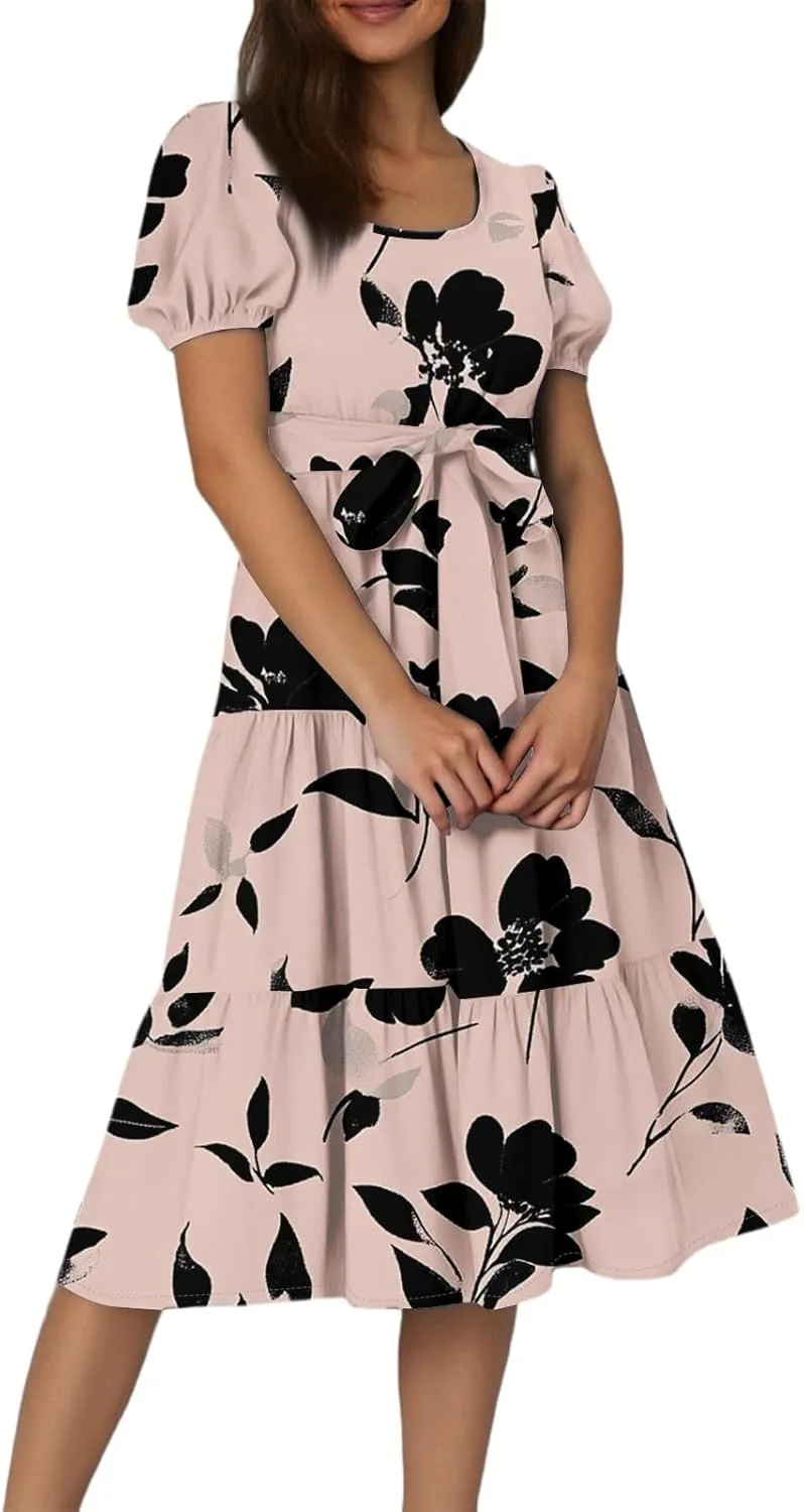 Womens Summer Floral Midi Dresses with Pockets Short Sleeve Crew Neck Waistband Boho Layered Ruffle Flowy Beach Dress