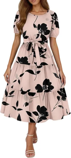 Womens Summer Floral Midi Dresses with Pockets Short Sleeve Crew Neck Waistband Boho Layered Ruffle Flowy Beach Dress
